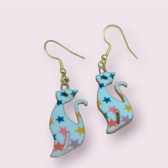 Cat Design Colorful Stars Pattern Kitty Earrings - Picture 1 of 7